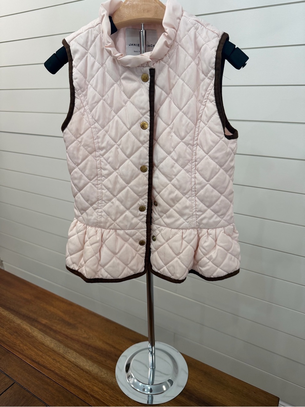 Janie and Jack Pink Quilted Peplum Vest with Brown Trim